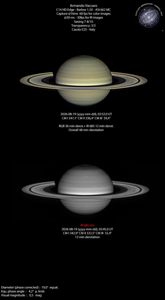 Immagine eccezionale di Saturno con presenza di anelli ben risoluti, divisione di Henke molto visibile, presenza sul bandeggio di un WOS in transito e dell'ombra/disco di Mimas